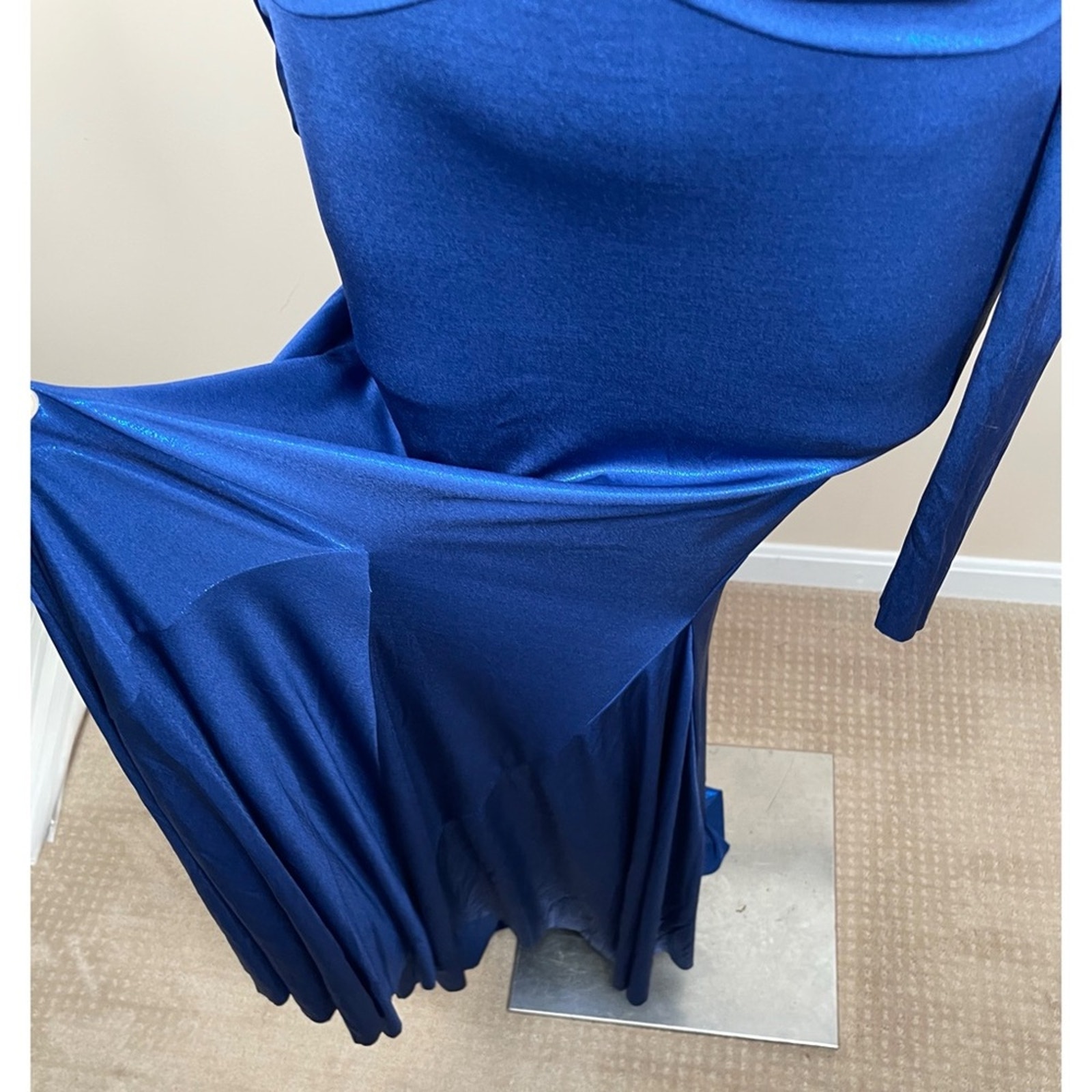 Di Petsa Moonlight Off The Shoulder Ruched Cutout Metallic Blue Maxi Dress Sz M — image 5 of 8